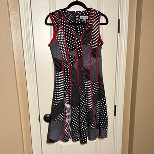Shelby & Palmer Black and White Polka Dot Midi Dress with Red Trim